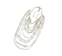 FIRSTXIU Elegante juego de collar y aretes de perlas multicapa para mujer con cuentas hechas a mano y diseños de moda, Perla sintética