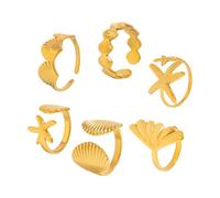 FIRSTXIU Juego de 6 anillos ajustables de aleación resistente con diseño de estrellas de mar, diseño de concha y estrellas de mar, juego de regalo, colección multicombinación, 6 unidades, talla única