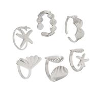 FIRSTXIU Juego de 6 anillos ajustables de aleación resistente con diseño de estrellas de mar, diseño de concha y estrellas de mar, juego de regalo, colección multicombinación, 6 unidades, talla única
