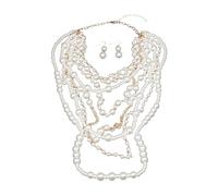 FIRSTXIU Juego de collar, elegante collar y aretes de perlas multicapa para mujer con cuentas hechas a mano y diseños de moda, Perla sintética