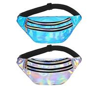 Firtink Paquete de 2 riñoneras brillantes, bolsa de cintura holográfica, riñonera de doble cremallera, bolsa de cinturón para festivales, rave, bolsa de cadera impermeable para mujeres, mujeres,