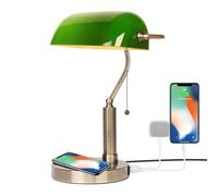 FIRVRE Lámpara de escritorio de banquero de vidrio Lámpara de mesa retro clásica tradicional con cargador inalámbrico y puerto USB Interruptor de cadena de tracción de latón de metal antiguo (Verde)