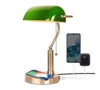 FIRVRE Verde Lámpara de Escritorio de Vidrio E27 Lámpara de Mesa Clásica con Puerto USB de Carga Inalámbrica Interruptor de Cadena de Latón Vintage Lámpara de Mesilla de Noche para el Hogar Oficina