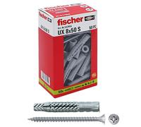 fischer 50 Tacos UX con Tornillo, Pared Completa, ladrillo Perforado, cartón Yeso, 542456, Gris, 8 x 50 mm con vite, Set Piezas