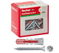 fischer 544016 Duopower-Tacos para Pared Completa, ladrillo Perforado, Yeso, Gris, 6 x 30 mm, Set de 50 Piezas