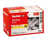 fischer 568006 - Taco de expansión SX Plus 6 x 30, caja con 100 anclajes de nylon, anclajes para una sujeción óptima al fijar en hormigón, ladrillo macizo, ladrillo (Caja 100 unidades)