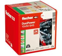 fischer DUOPOWER 10 x 50 S, tacos y tornillos para pared universales de seguridad, de 2 componentes de plástico para fijación en hormigón, ladrillo, piedra, cartón yeso, (25 tacos + 25 tornillos)