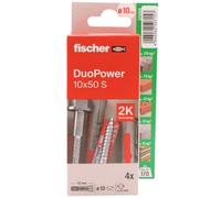fischer - Duopower 10x50 Con Tornillo - 4U, Tacos para pared multimaterial, sirven para Colgar Bicicletas, Cuadros, Armarios, Soportes de Televisión, Estanterías, Muebles.