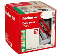 FISCHER, DUOPOWER 12 x 60, caja redonda con 25 tacos FISCHER, universales, de alto rendimiento de 2 componentes, de plástico para fijación en hormigón, ladrillo, piedra, cartón yeso y más