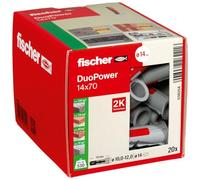 fischer DUOPOWER 14 x 70, caja redonda con 20 tacos fischer universales, de alto rendimiento de 2 componentes, de plástico para fijación en hormigón, ladrillo, piedra, cartón yeso y más