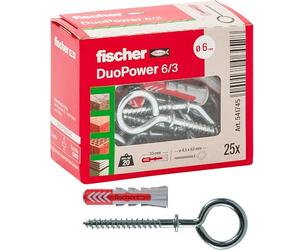 Fischer Duopower - 25 tacos con ojal cerrado, 6 x 30 mm, universales, para pared completa, ladrillo perforado, cartón yeso, 541745, gris/rojo, 25 unidades