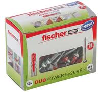 fischer DUOPOWER 5 x 25 S PH, 50 tacos y 50 tornillos para pared universales con tornillo de cabeza plana, de 2 componentes, taco de plástico para fijación en hormigón, ladrillo, piedra, cartón yeso