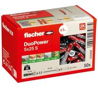 fischer DUOPOWER 5 x 25 S, tacos y tornillos para pared universales de seguridad, de 2 componentes de plástico para fijación en hormigón, ladrillo, piedra, cartón yeso, (50 tacos + 50 tornillos)