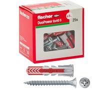 Fischer Duopower 544016 - Tacos con tornillo, 8 x 40 mm, para pared completa, ladrillo perforado, placas de yeso, armarios, soportes de TV, estantes, 25 unidades