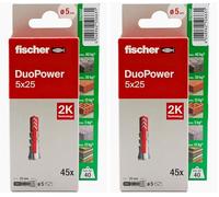 fischer - Duopower 5x25-45U, Tacos para pared multimaterial, sirven para Colgar Bicicletas, Cuadros, Armarios, Soportes de Televisión, Estanterías, Muebles. (Paquete de 2)