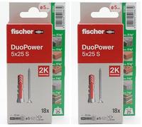 fischer - Duopower 5x25 Con Tornillo - 18U, Tacos para pared multimaterial, sirven para Colgar Bicicletas, Cuadros, Armarios, Soportes de Televisión, Estanterías, Muebles. (Paquete de 2)