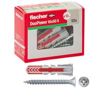 fischer 544018 10 Tacos Duopower con Tornillo, 10 x 50 mm, para Pared Completa, ladrillo Perforado, Placas de Yeso, Gris, Set Piezas