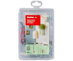 fischer EasyDIY - Caja decorativa con ganchos, tornillos, tacos y más, ideal para los entusiastas del bricolaje para fijar ideas creativas de decoración, juego preclasificado en caja de plástico, 141