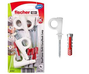 fischer EasyHook Loop K (4), Juego de 4 tornillos y tacos DuoPower 8 x 40, con gancho para tablero aglomerado para instalar fácilmente en numerosos materiales de construcción