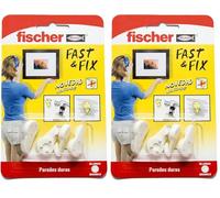 fischer - Fija Cuadros 3 Puntas Fast & Fix | Cuelga Cuadros sin Clavos ni Agujeros | Hasta 16 Kg con 2 Ganchos | Reutilizable | Ideal para Madera, Compatible con Placas de Yeso PLADUR® | 4uds | Blanco