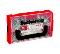 fischer FixTainer PowerFast II - Juego de tornillos para aglomerado (700 tornillos y 2 puntas, cabeza avellanada, rosca parcial, rosca completa y accionamiento PZ, juego universal para fijación