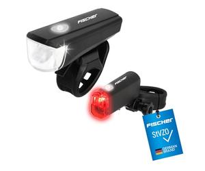 FISCHER Juego de iluminación LED para Bicicleta, con tecnología LED, Resistente a Salpicaduras, Color Negro, 1 Unidad