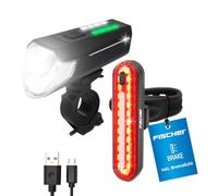 Fischer Juego de iluminación para Bicicleta 80/40/20 Lux, Juego de Luces de batería, luz Delantera y Trasera, con batería y función de Carga USB, 3 Funciones de luz, protección contra Salpicaduras