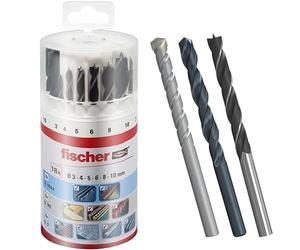 fischer - Kit de Brocas Profesionales para Taladro, 18 Piezas Versátiles para Pared, Madera, Metal, Juego Surtido con Diámetros de 3 a 10 mm, Durables, para Bricolaje y Profesionales