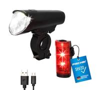 FISCHER Kit de iluminación LED para Bicicleta, Caja pequeña, Resistente a Salpicaduras, Recargable, fácil Montaje, Color Negro