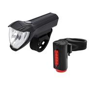 Fischer Kit de iluminación para bicicleta 50/25/15 Lux, juego de luces de batería Twin, luz delantera y trasera de 360°, con batería y función de carga USB, 3 funciones de iluminación, protección contra salpicaduras IP44, aprobado por StVZO