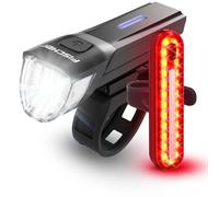 FISCHER Kit de luces para bicicleta Stop 30/15 Lux con luz de freno, luz delantera y trasera, con batería y función de carga USB, 2 funciones, protección contra salpicaduras IP44, homologado por StVZO