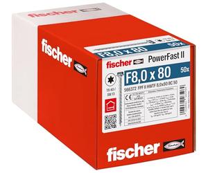 fischer PowerFast II HWTF 8,0 x 80 - Tornillo de construcción de madera con cabeza hexagonal, alojamiento de estrella interior y rosca completa, para construcción constructiva de madera, 50 unidades