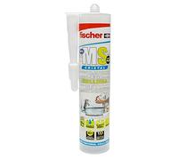 fischer Sellador juntas bañeras, Baños y cocinas MS Sellante ADH polímero para pegar y sellar diferentes materiales, Resistencia de decoloración, Sin silicona, Cristal, 290 ml