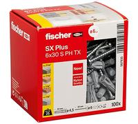 fischer SX Plus 6 x 30 S PH, caja con 100 tacos de nailon y tornillos a juego, tacos para un agarre óptimo en fijaciones en hormigón, ladrillos macizos, hormigón celular, ladrillos perforados altos