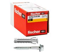 Fischer SX Plus BM 8x40 mm con tornillo cabeza hexagonal | 100 tacos para pared completa, ladrillo perforado, mampostería, hormigón | Fijación de lámparas, muebles, armarios de pared