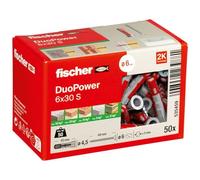 FISCHER, Tacos y tornillos para pared 6x30 DuoPower, tacos para hormigón, Caja tacos 50 uds
