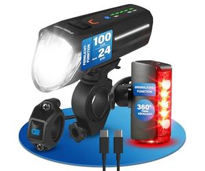 FISCHER Twin Stop - Kit de iluminación LED para Bicicleta (100 Lux, Modo de Sensor, Larga duración, Carcasa de Aluminio, 1 Unidad), Color Negro