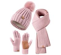 FISFET Conjunto de gorro, bufanda y guantes para mujer, gorro de invierno con pompón, forro polar, guantes para pantalla táctil, bufanda y gorro 3 en 1, rosa, Talla única