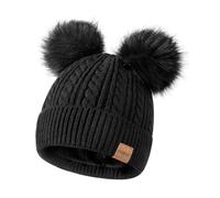 FISFET Gorro de invierno para mujer con doble pompón, gorro de invierno cálido y frío, forro polar, para uso diario, Negro , Talla única