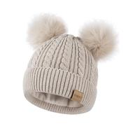 FISFET Gorro para mujer con doble pompón, gorro para mujer, para clima frío, cálido, forro polar, sombreros de invierno para mujer para uso diario, Color crema., Talla única