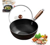 Fish Scale Pattern Flat Bottom Non-Stick Pan, Carbon Steel Woks & Stir-Fry Pans Nonstick with Glass Lid, Flat Bottom Hand Hammered, High Purity Frying Pans for Cooking (20cm/7.87in)