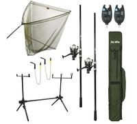FISH-XPRO Juego de Carpa Deluxe 2-Rod - El juego de pesca más completo - Juego de caña de Carpa Negro - Detectores de picadura - Swingers - Rodpod - Reposapiés traseros - Rod de error - Red de pala de