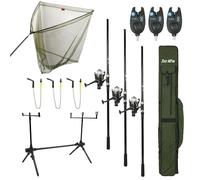 FISH-XPRO Juego de Carpa Deluxe 3-Rod - El juego de pesca más completo - Juego de caña de Carpa Negro - Detectores de picadura - Swingers - Rodpod - Reposapiés traseros - Rod de error - Red de pala de
