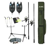 FISH-XPRO Juego de Carpa Plus 2-Rod - Juego de caña de Carpa Negro - 96 Piezas - Detectores de remojo - Swingers - Rodpod - Reposapiés Traseros - Pala de Error - Extra Extendido - Todo lo Que