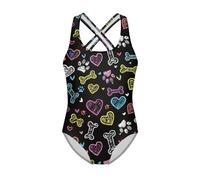 FishDing Colorido traje de baño de una pieza para niñas de 5 a 6 años, traje de baño para playa, resistente al desgaste, Cartoon Love Heart and Bones, 5-6 años