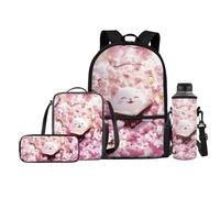 FishDing Mochila escolar de 4 piezas para niñas con bolsa de botella de agua, fiambrera, soporte para lápices, bolsa de senderismo para niños, Gato de flor de cerezo, Taille unique