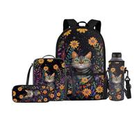 FishDing Mochila escolar de poliéster para niños con fiambrera, soporte para agua, estuche para lápices, juego de 4, Gato floral, Taille unique