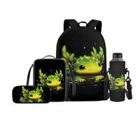 FishDing Mochila para niños de 5 a 16 años con bolsa para botella de agua, estuche para lápices, fiambrera, bolsa escolar, juego de 4, Axolotl verde, Talla única, Mochilas de día