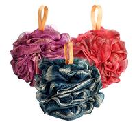 Fishent Esponja de baño para ducha, paquete de 3 bolas de esponja suave para depurador corporal, 60 g/pcs de malla duradera, esponja de lufa de baño, soplo de lavado corporal (rojo-púrpura-azul)