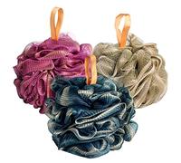 Fishent Esponja de baño para ducha, paquete de 3 bolas de esponja suave para limpiar el cuerpo, 60 g/pcs de malla duradera, esponja de lufa, esponja de lavado corporal (púrpura-verde-azul)